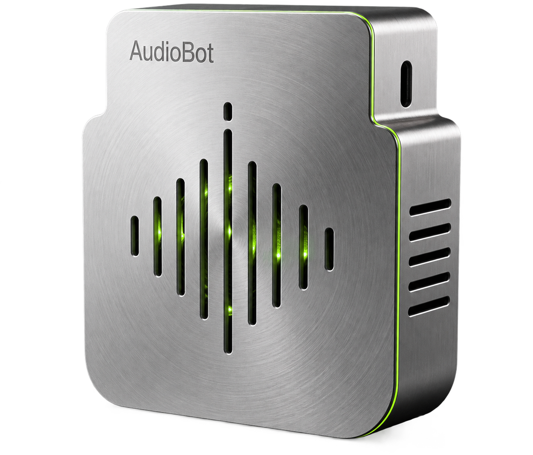 Aparelho AudioBot, em aço escovado, com a grade em forma de onda sonora